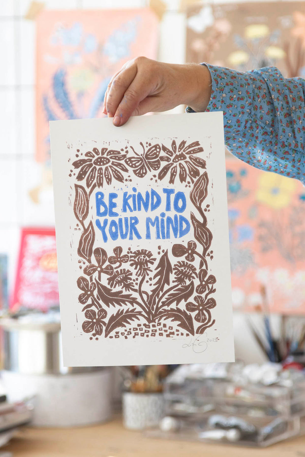 Be kind kind to your mind - håndlavet linoleumstryk