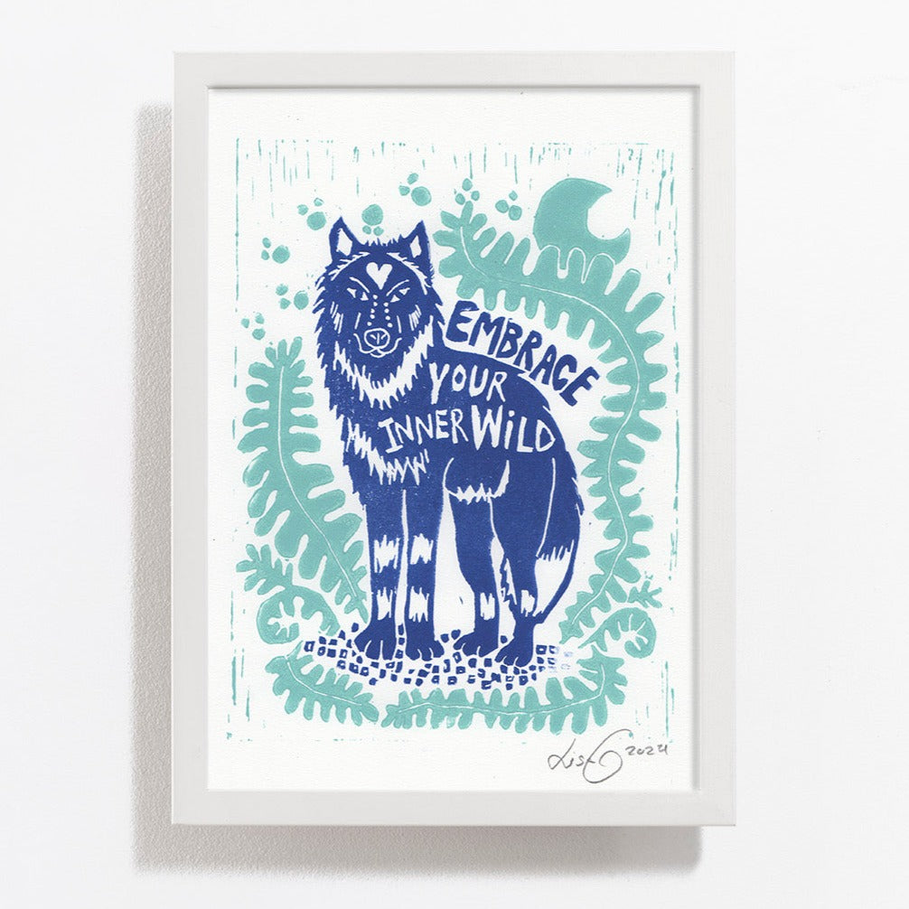 Embrace your inner wolf / Handmade Linoleum print / Green-blue