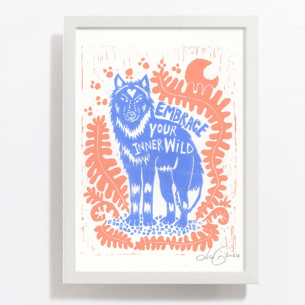 Embrace your inner wolf / Handmade Linoleum print / Peach-blue