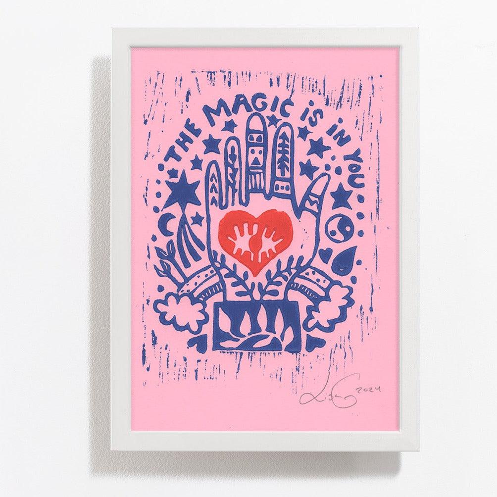 Handprinted Linoleum - The magic is in you - blue pink red heart