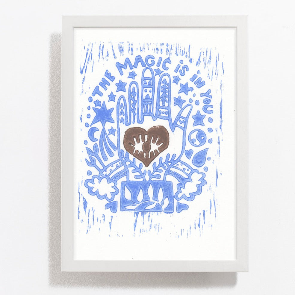 Handprinted Linoleum - The magic is in you - blue brown heart