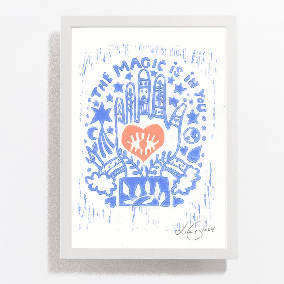 Handprinted Linoleum - The magic is in you - blue red heart