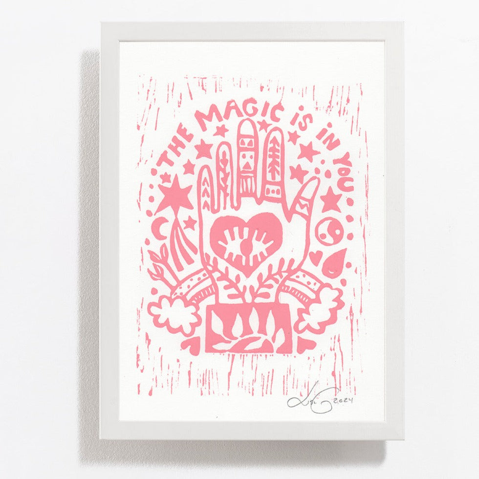 Handprinted Linoleum - The magic is in you - light pink