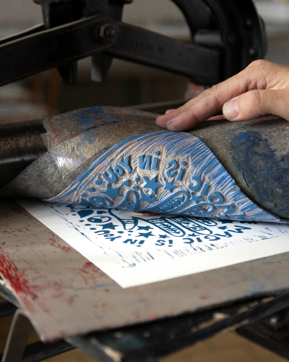 Handprinted Linoleum - The magic is in you - blue pink red heart