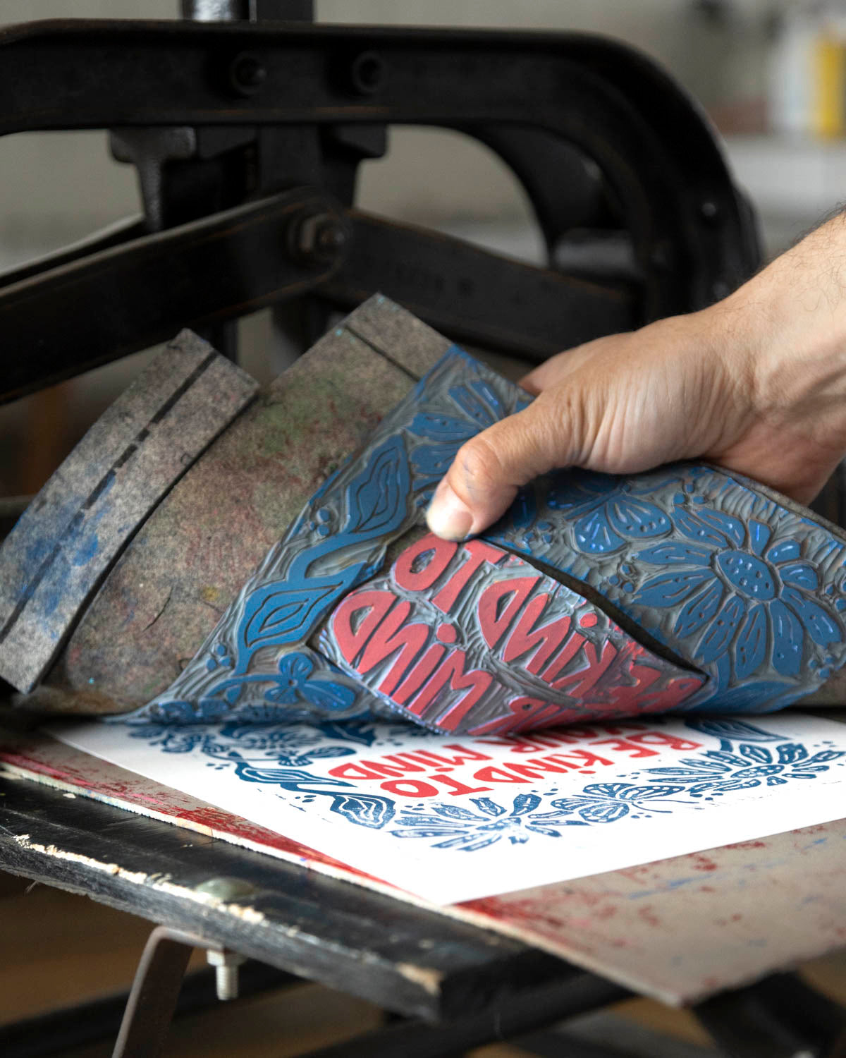 Be kind to your mind / Handmade Linoleum print / pink-blue