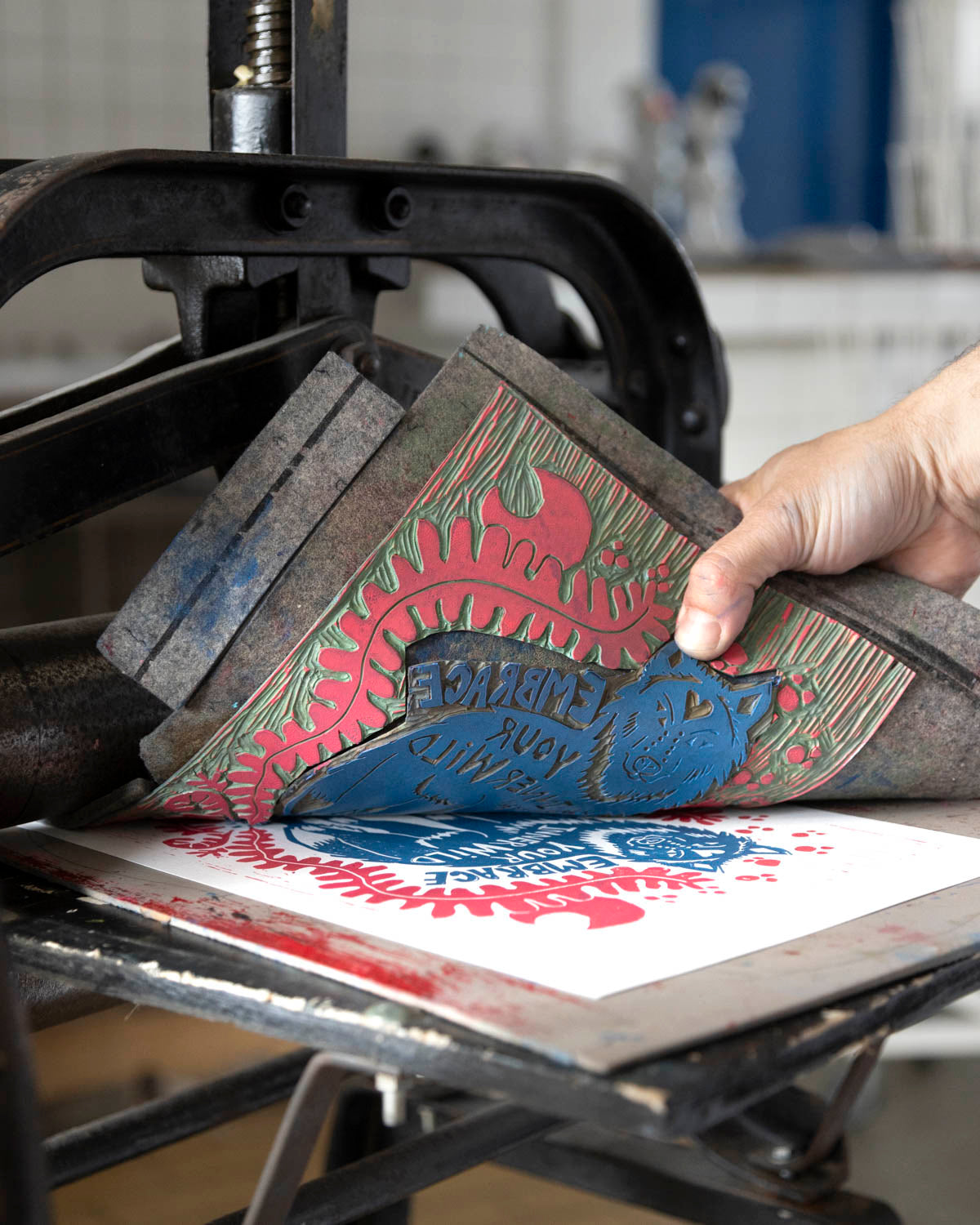 Embrace your inner wolf / Handmade Linoleum print / Green-Brown