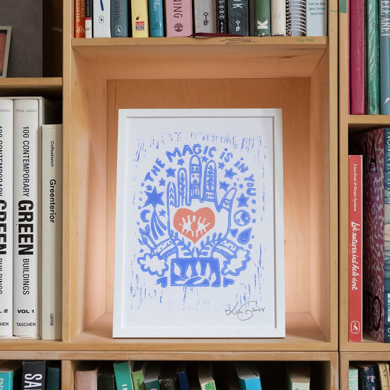 Handprinted Linoleum - The magic is in you - blue red heart