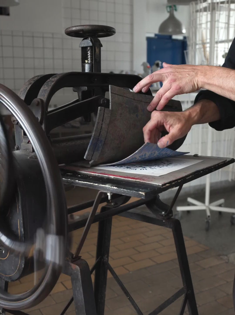 Load and play video in Gallery viewer, Handprinted Linoleum - The magic is in you - blue pink red heart