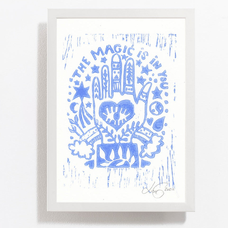 Handprinted Linoleum - The magic is in you - light blue