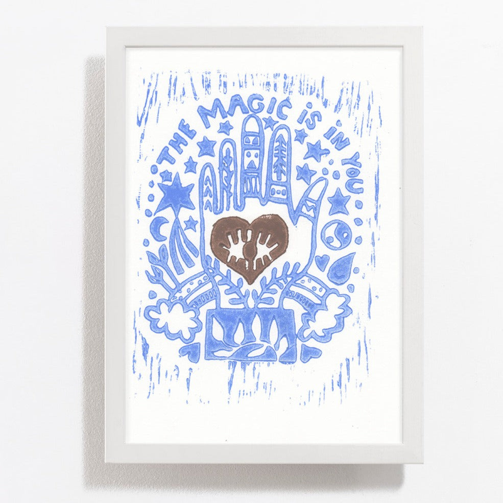 
                  
                    Handprinted Linoleum - The magic is in you - blue brown heart
                  
                