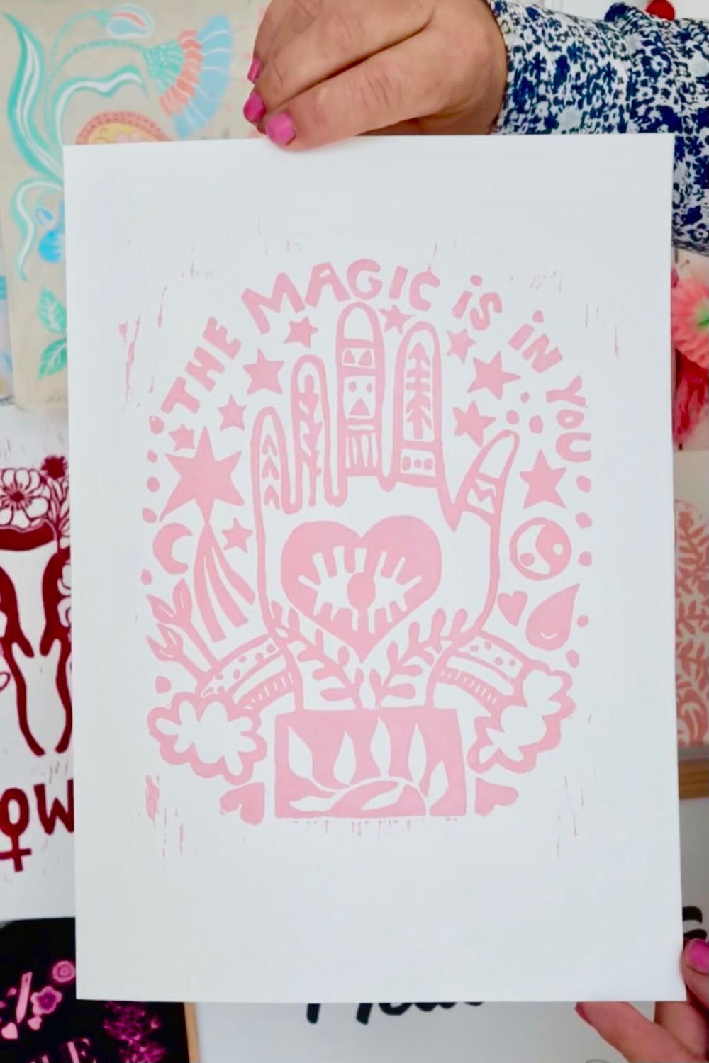 Handprinted Linoleum - The magic is in you - light pink
