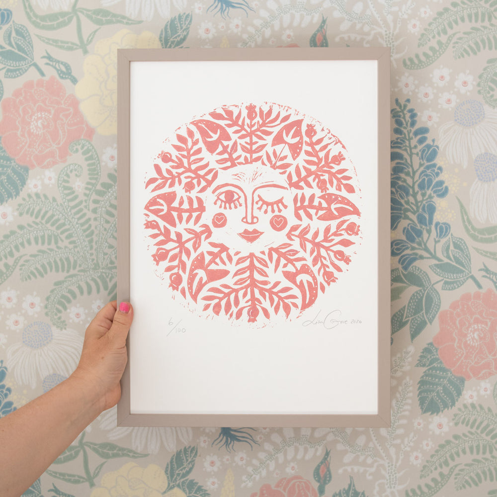 
                  
                    "Feed the magic sun" (pink) / Handprinted Linoleum / Signed
                  
                