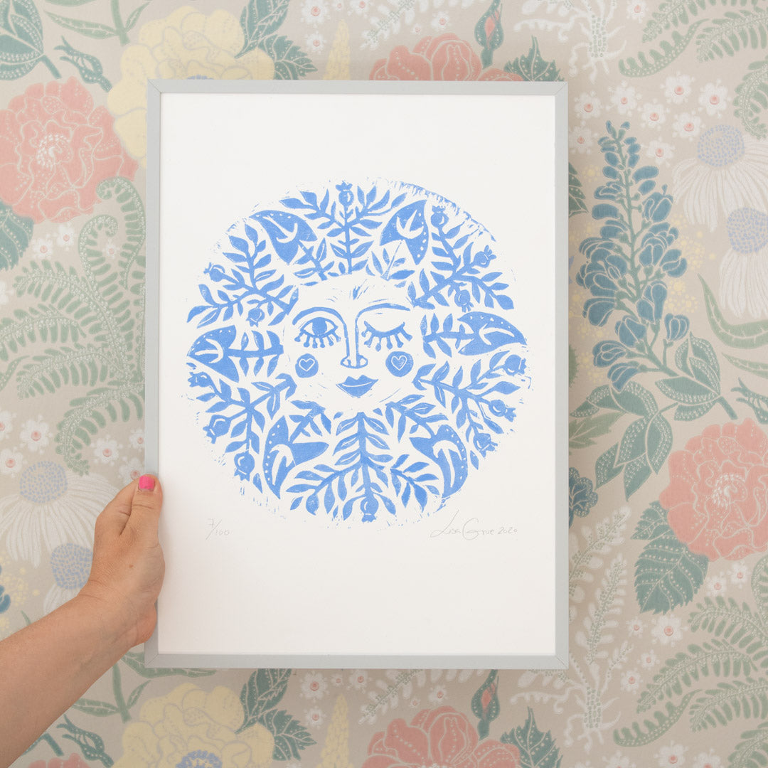
                  
                    "Feed the magic sun" (Blue) / Handprinted Linoleum / Signed
                  
                